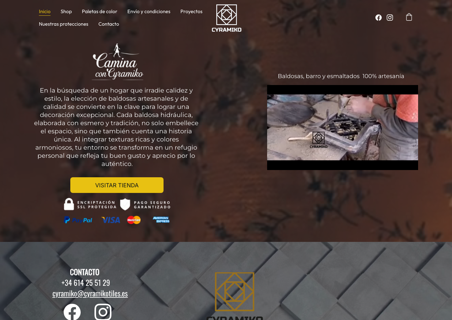 Homepage of cyramikotiles.es: 'Camina con Cyramiko', 100% handmade hydraulic, clay and glazed tiles